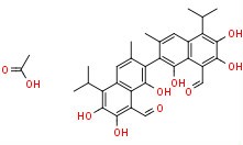 	Acetic acid compound with 1,1',6,6',7,7'-hexahydroxy-5,5'-diisopropyl-3,3'-dimethyl-[2,2'-binaphthalene]-8,8'-dicarbaldehyde (1:1)의 분자구조식